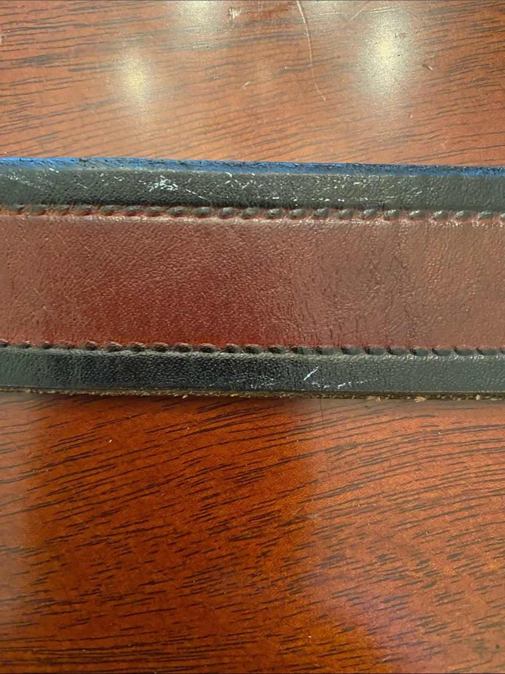 Two-Tone Brown Leather Belt with Black Edges & Brass Buckle
